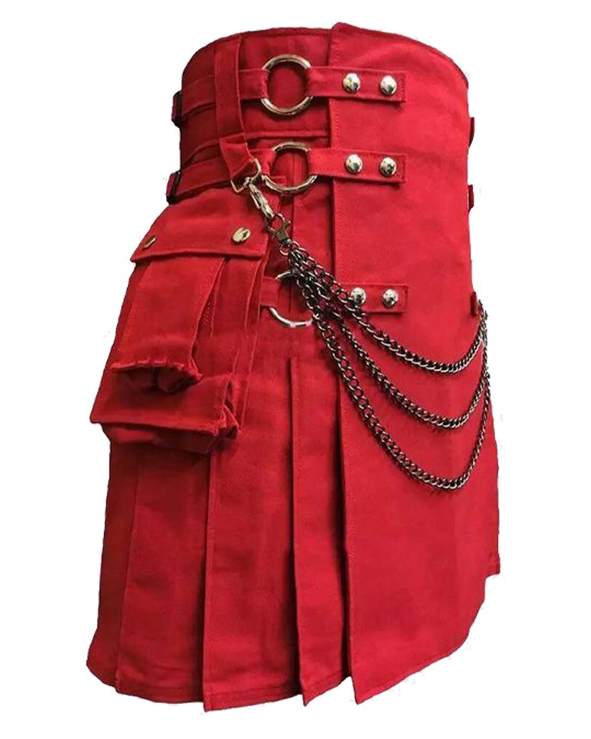 1Red-Canvas-Utility-Kilt-With-Straps Red Canvas Utility Kilt With Straps": An image description for an accessibility feature would be: "An image of a red canvas utility kilt with straps. The kilt features a vibrant red color and is made from sturdy canvas fabric. It has multiple utility pockets and adjustable straps that secure around the waist. The straps add an additional stylish and functional element to the kilt's design.