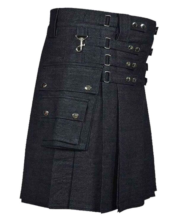 A black denim utility kilt designed for men. The kilt features multiple pockets and sturdy metal hardware, combining style and functionality.