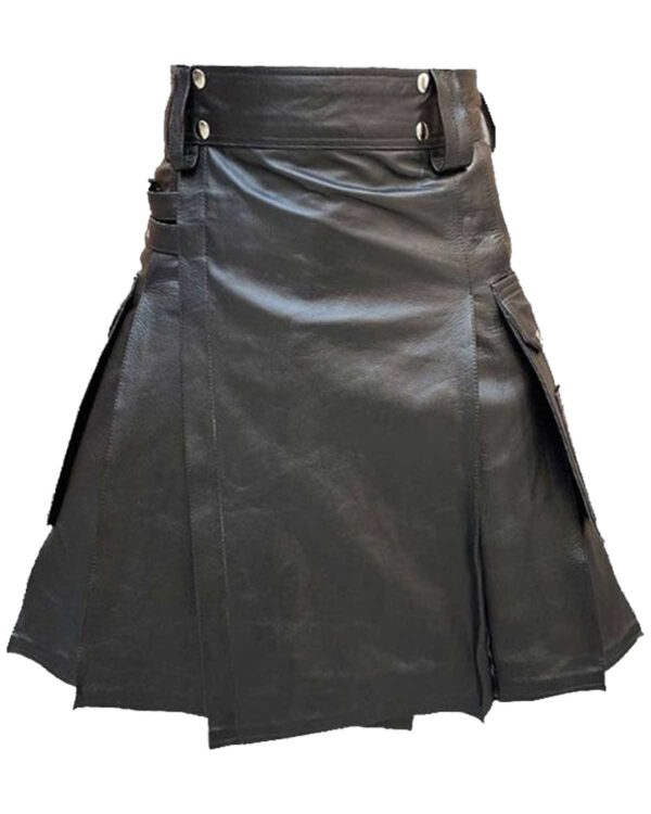 Stylish black leather kilt with a rebellious flair.