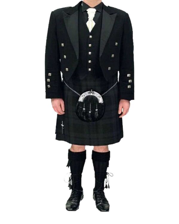 An elegant black modern Prince Charlie outfit featuring a tailored jacket, vest, and kilt.