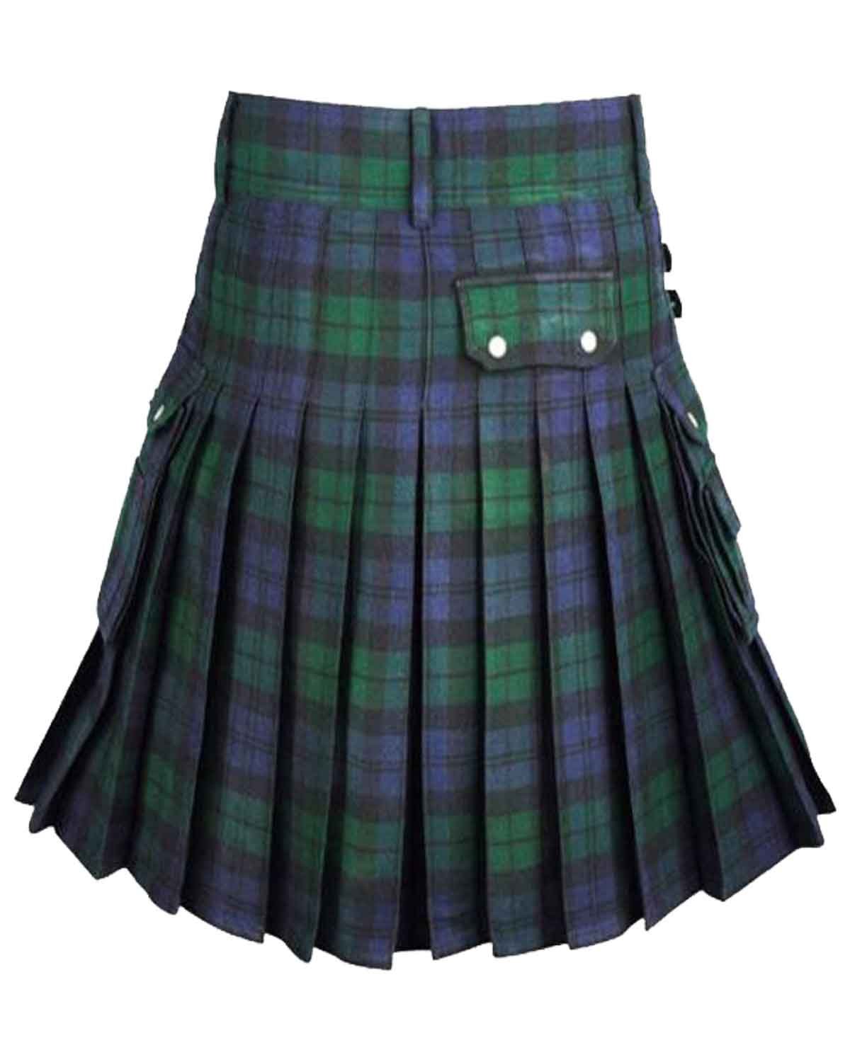 Black-Watch-Tartan-Utility-Kilt-1 Black Watch Tartan Utility Kilt: A stylish kilt featuring the classic Black Watch tartan pattern, designed for practicality and comfort.