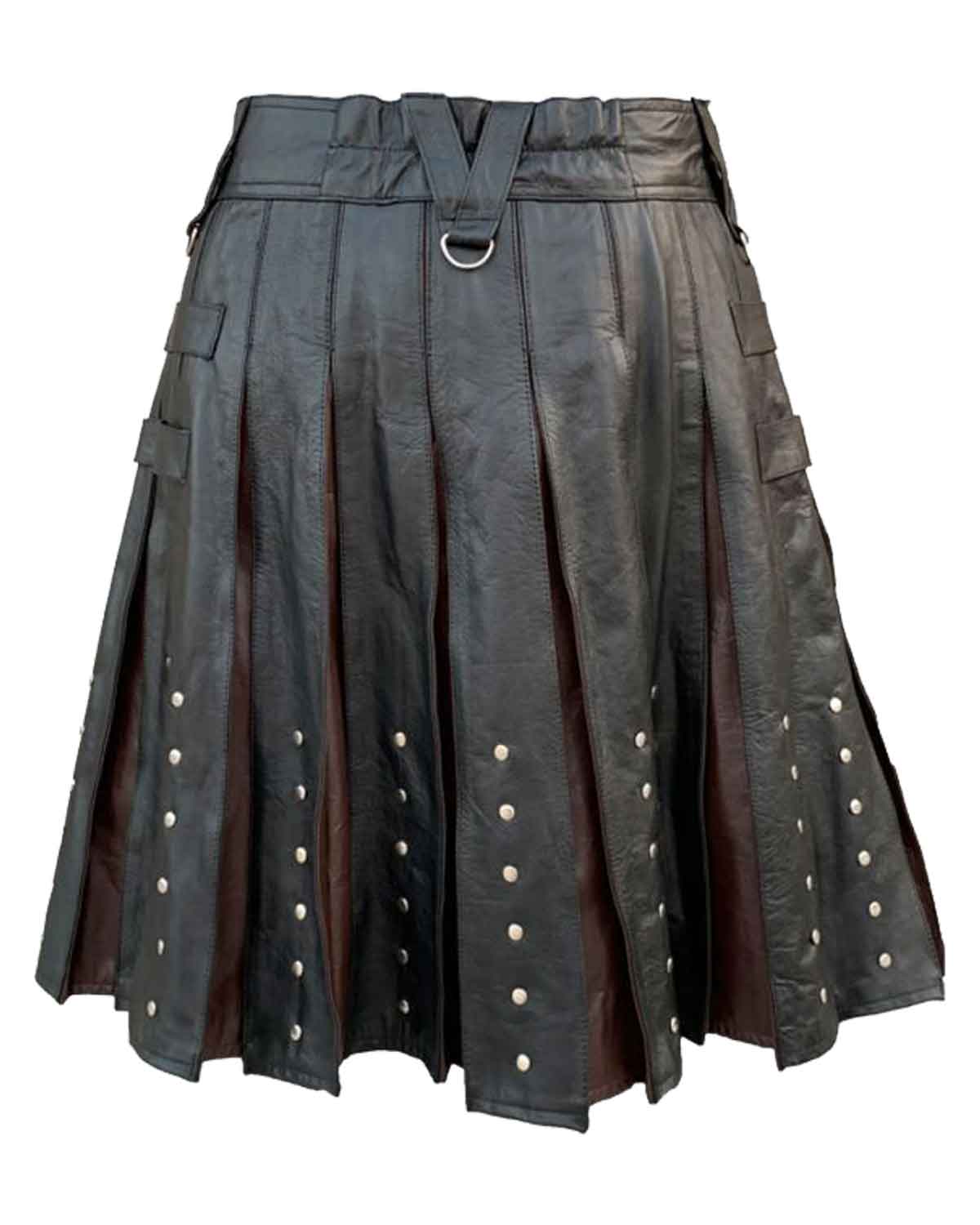 Black-and-Brown-Leather-Kilt-For-Men-1 Stylish black and brown leather kilt designed for men.