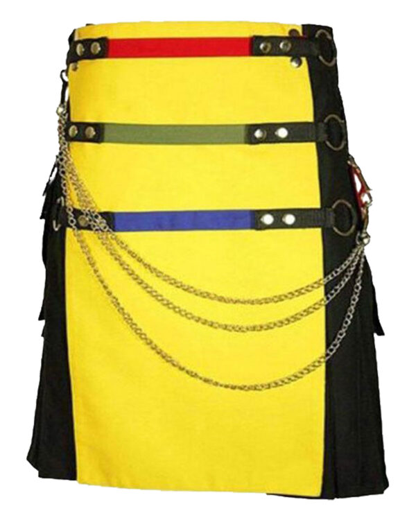 A stylish black and yellow fashion utility kilt for men, featuring a modern design with black pleats and yellow accents. It is made of durable fabric and equipped with multiple pockets for practicality. The kilt sits comfortably at the waist and is secured with adjustable straps. Perfect for adding a bold and fashionable statement to any outfit.