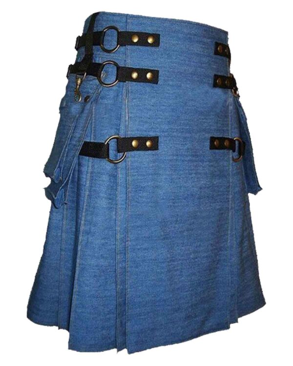 Blue denim cargo fashion utility kilt: A stylish and functional kilt made of blue denim fabric, featuring cargo pockets for added utility.