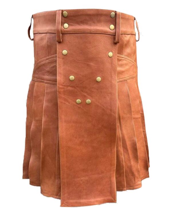 Close-up of a brown leather kilt with decorative stitching and metal hardware.