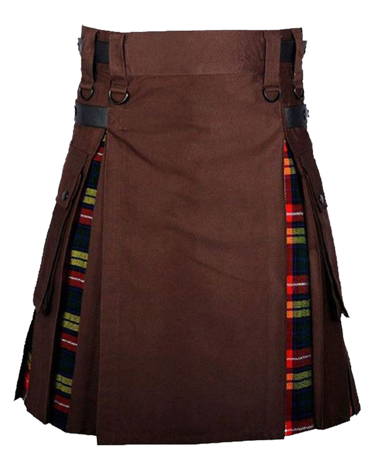 Buchanan-Tartan-&-Brown-Hybrid-Utility-Kilt-For-Men-1 Image of a stylish hybrid kilt in the Men's Buchanan Tartan pattern, featuring a combination of brown and tartan fabric. The kilt has utility-inspired design elements.