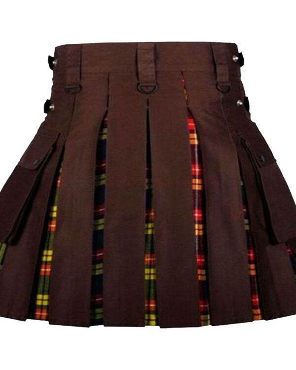 Men's Buchanan Tartan & Brown Hybrid Utility Kilt. A stylish and versatile kilt featuring the classic Buchanan tartan pattern in shades of green, yellow, and black, combined with a sturdy brown utility fabric. The kilt has multiple pockets and belt loops, offering functionality and a modern twist to traditional Scottish attire.
