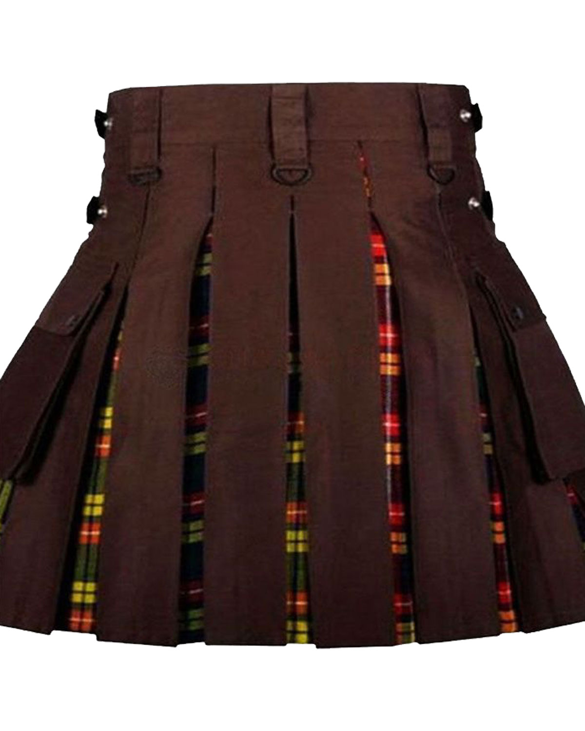 Buchanan-Tartan-&-Brown-Hybrid-Utility-Kilt-For-Men Men's Buchanan Tartan & Brown Hybrid Utility Kilt. A stylish and versatile kilt featuring the classic Buchanan tartan pattern in shades of green, yellow, and black, combined with a sturdy brown utility fabric. The kilt has multiple pockets and belt loops, offering functionality and a modern twist to traditional Scottish attire.