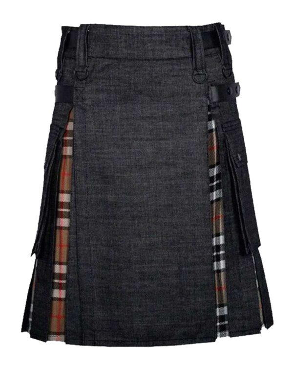 A fashionable men's kilt featuring the timeless Campbell Tartan pattern combined with a modern twist of black denim and utility accents.