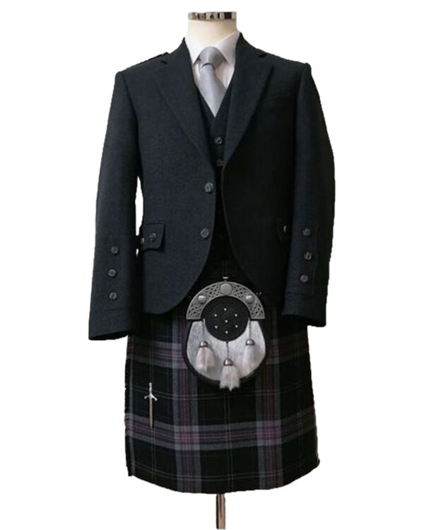 An elegant Charcoal Tweed Argyll Outfit against the backdrop of the majestic Dark Lochnagar.