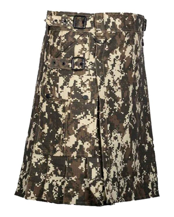 Men's digital camouflage gothic utility kilt - blending modern style with functional appeal.