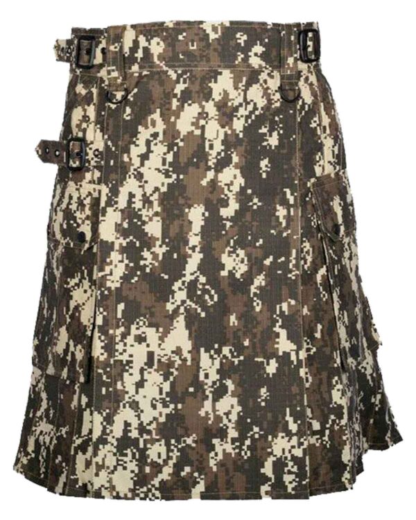 Men's digital camouflage gothic utility kilt: a modern fusion of style, functionality, and edgy aesthetics.