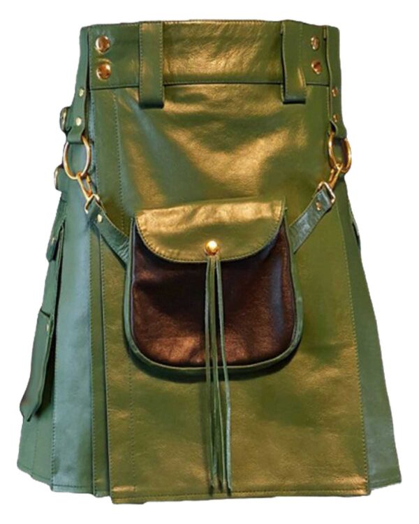 Vibrant green leather kilt designed for men, showcasing a bold and stylish statement.