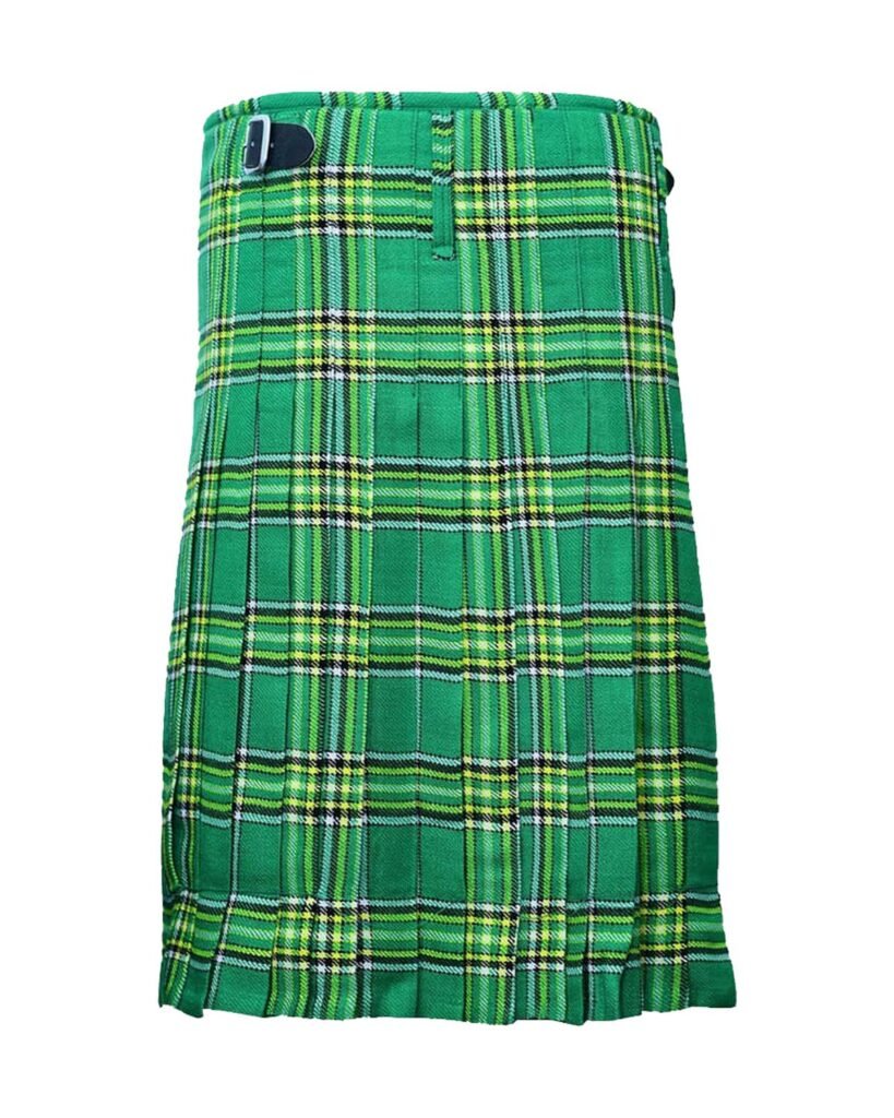 Traditional Irish National Tartan Kilt, featuring a vibrant pattern of green, white, and gold