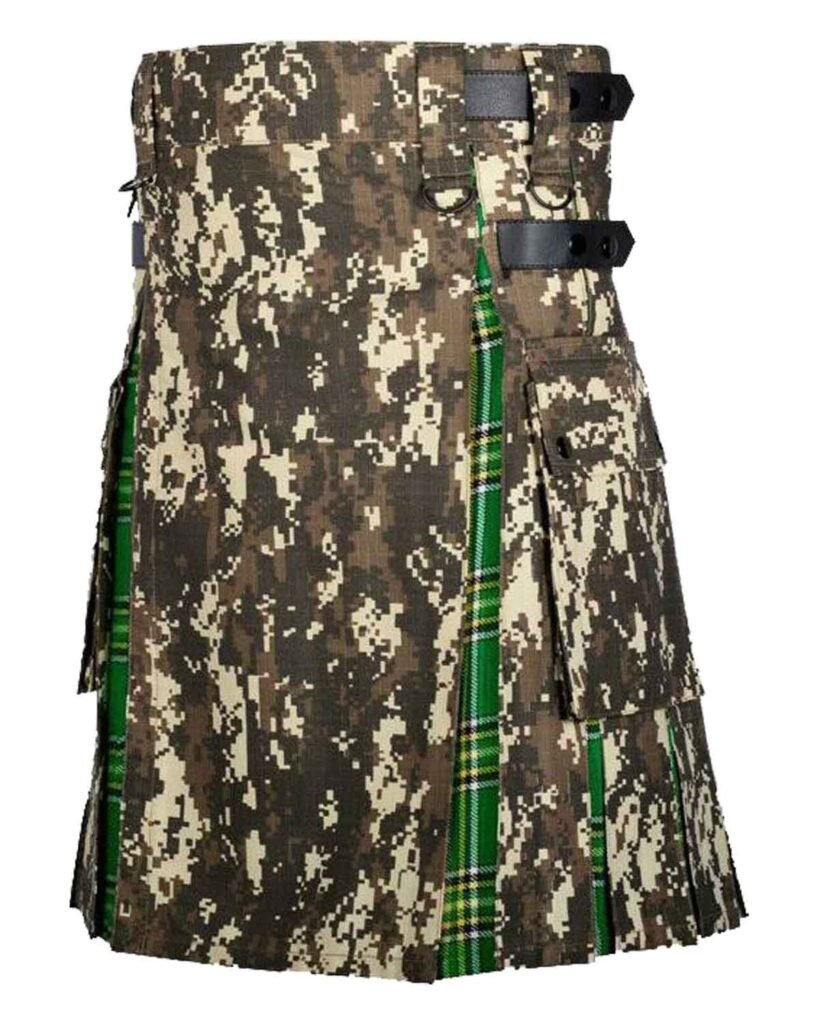 Hybrid utility kilt featuring a fusion of Irish tartan and digital camo patterns.