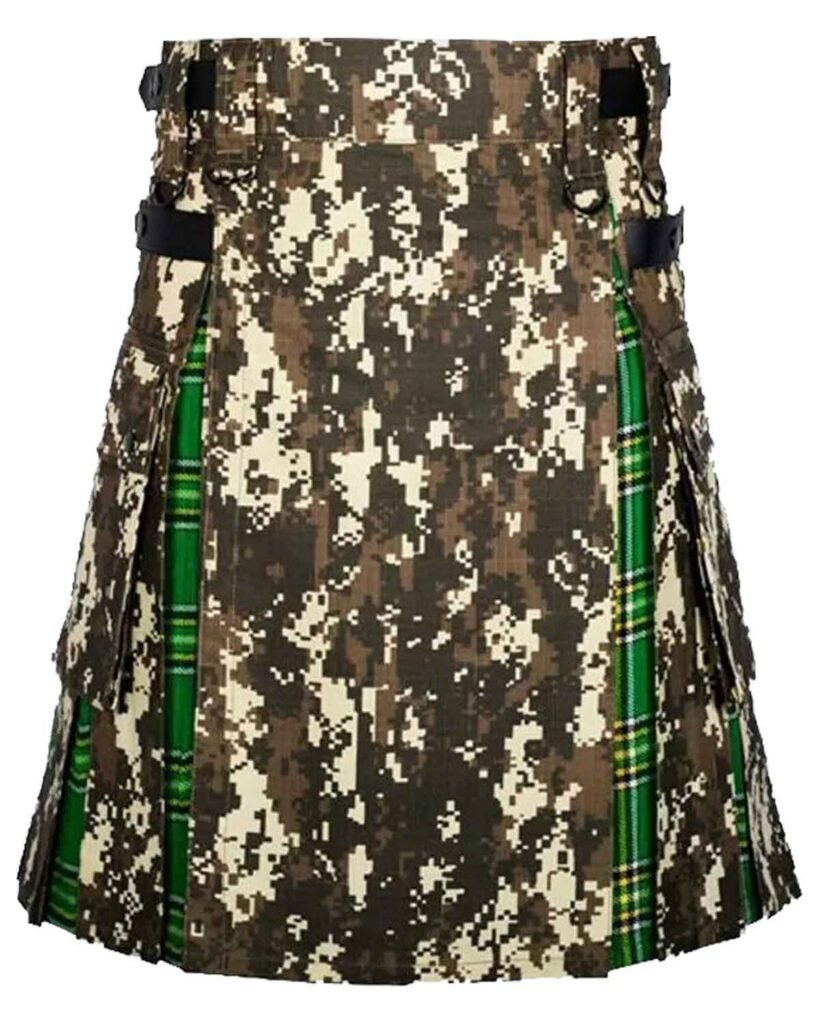 An innovative hybrid utility kilt featuring a fusion of Irish tartan and digital camouflage patterns.