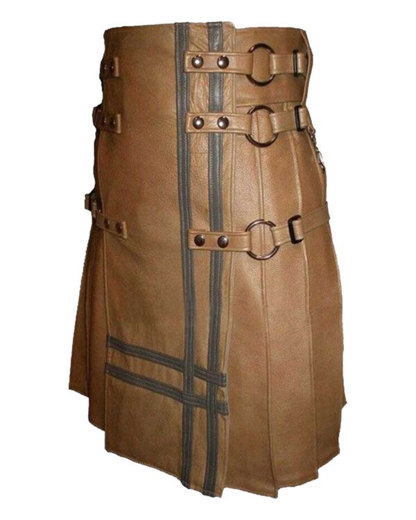 Handsome brown leather kilt with utility-inspired design for men.