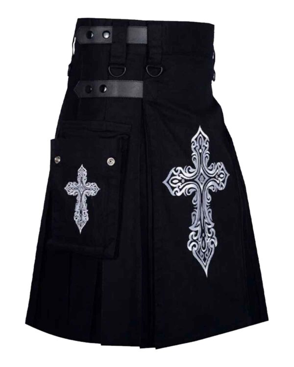 Black utility kilt with intricate Celtic embroidery for men