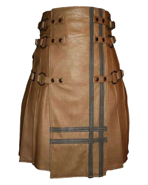 A ruggedly stylish men's brown leather utility kilt.