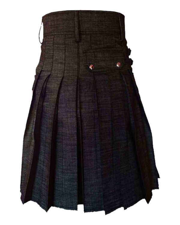 Image of a stylish black denim kilt with practical cargo pockets.