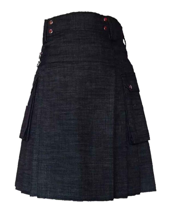 "Image: A stylish black denim kilt featuring cargo pockets."