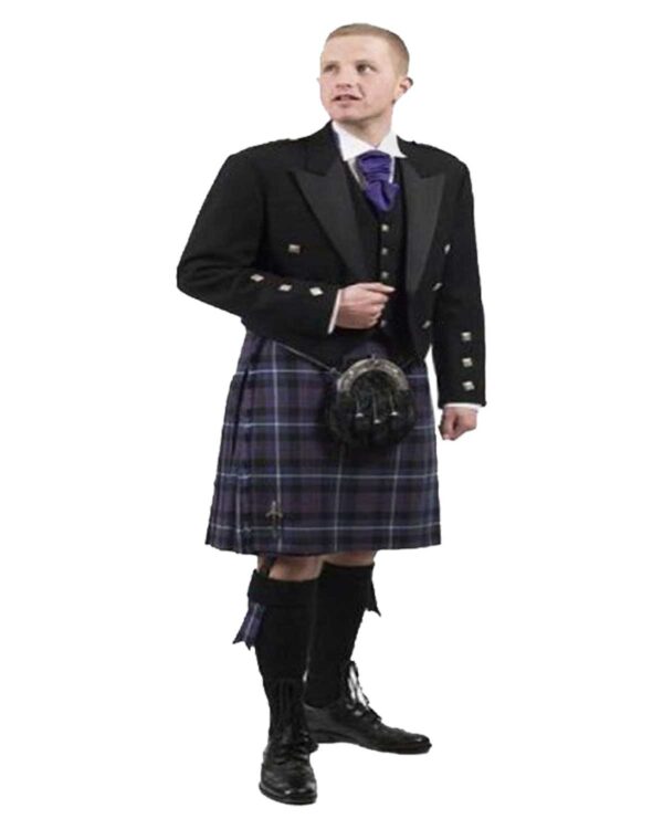 Prince Charlie Modern Kilt Outfit: A traditional yet contemporary ensemble featuring a sleek Prince Charlie jacket, a stylish tartan kilt, and Scottish accessories.