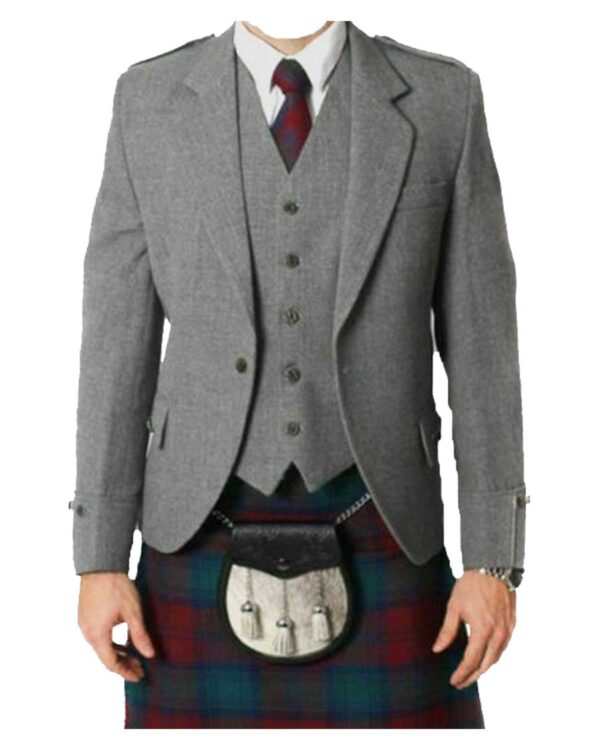 Grey Tweed Argyll Kilt Jacket with Vest for refined Scottish attire.