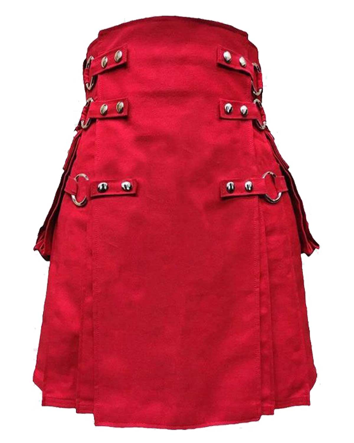 Red-Canvas-Utility-Kilt-With-Straps2 Red canvas utility kilt with adjustable straps.
