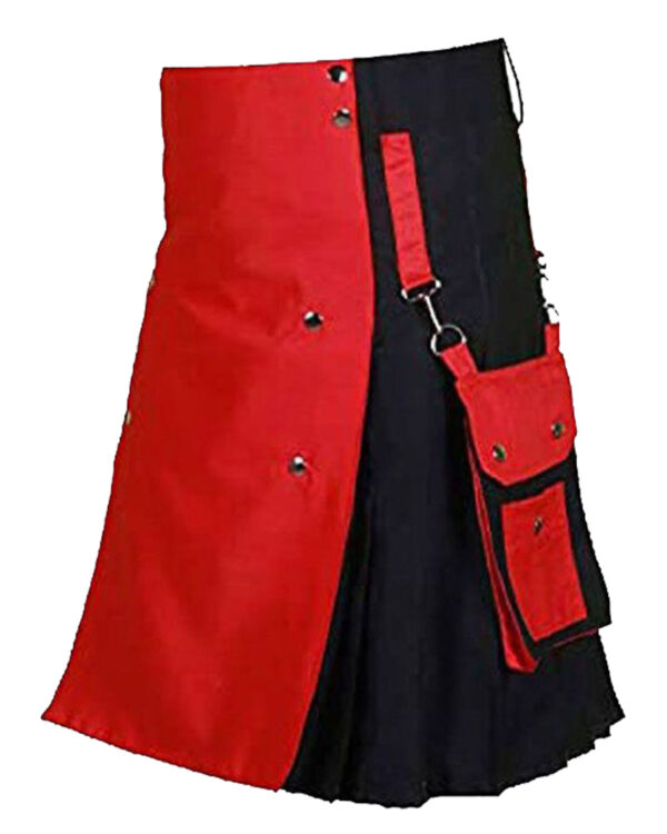 Red and black hybrid kilt for men: A stylish blend of bold colors, combining vibrant red and sleek black.