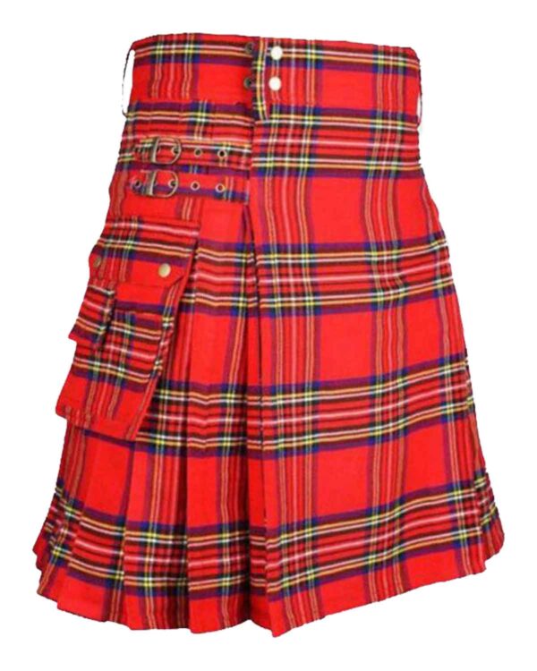 Traditional red Royal Stewart Tartan Utility Kilt with sturdy pockets and adjustable straps.
