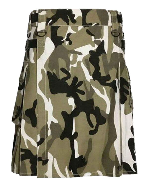An urban camouflage utility kilt with convenient cargo pockets