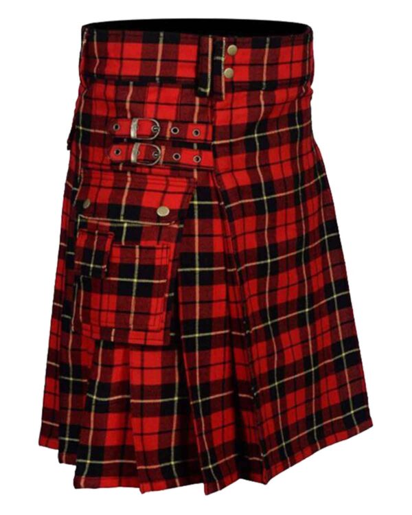 A knee-length utility kilt made of Wallace Tartan fabric, featuring a plaid pattern in shades of blue, green, and black. The kilt has multiple pockets, metal buttons, and adjustable straps for a comfortable fit.