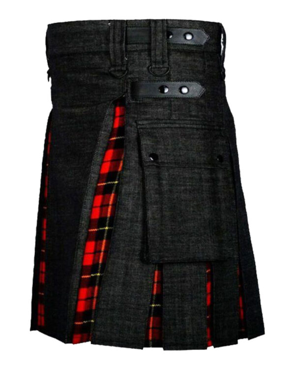 A photo of a men's Wallace Tartan kilt paired with a black denim hybrid utility kilt.