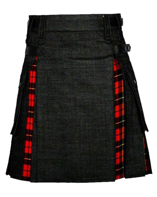 A stylish Men's Wallace Tartan kilt combined with a Black Denim Hybrid Utility design.