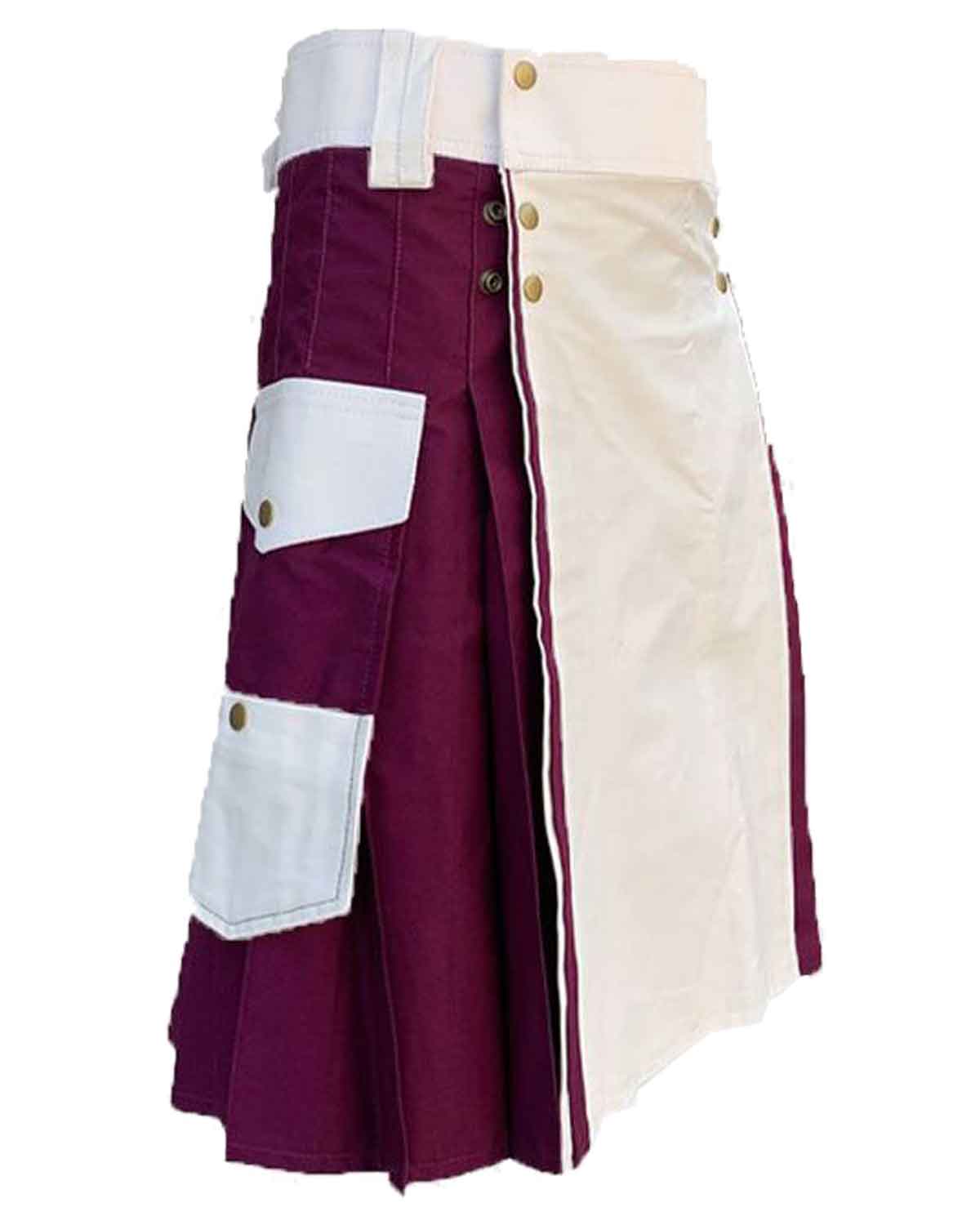 White-and-burgundy-kilt-Color-Cotton-Utility White and burgundy cotton utility kilt