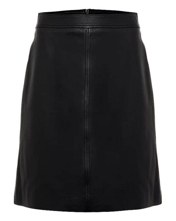 A knee-length black leather skirt gracefully accentuating your silhouette.