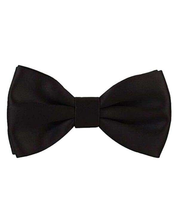 A sleek black bow tie lying on a crisp white background, perfect for formal occasions.