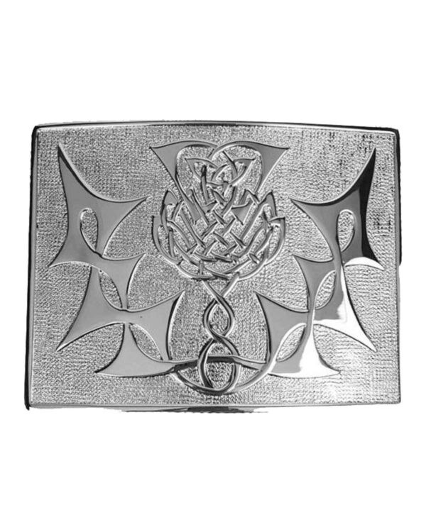 Highland Thistle Chrome Kilt Buckle: An intricately designed buckle featuring a stylish chrome finish and the symbolic thistle motif.