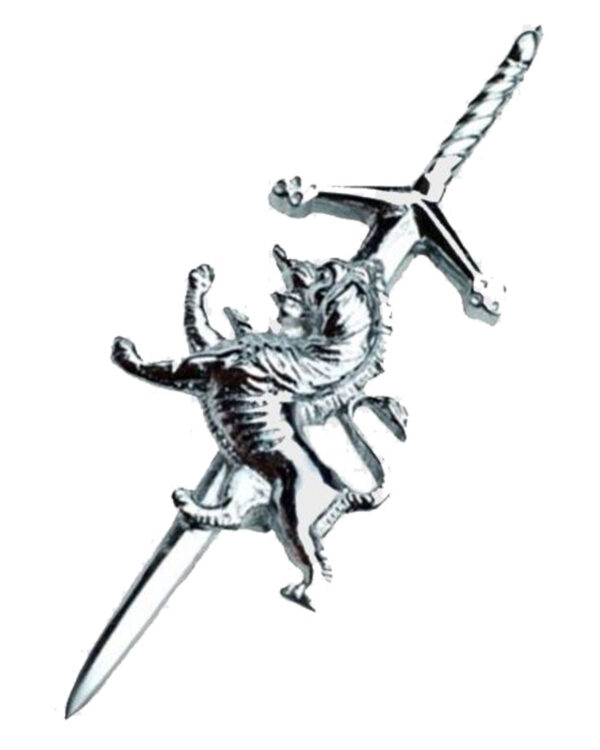 Antiqued bronze kilt pin featuring an intricately designed rampant lion, exuding regal charm.
