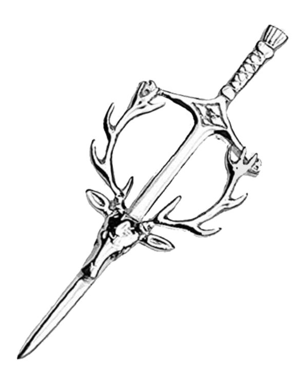 Antique-style silver kilt pin featuring a beautifully crafted stag head design.