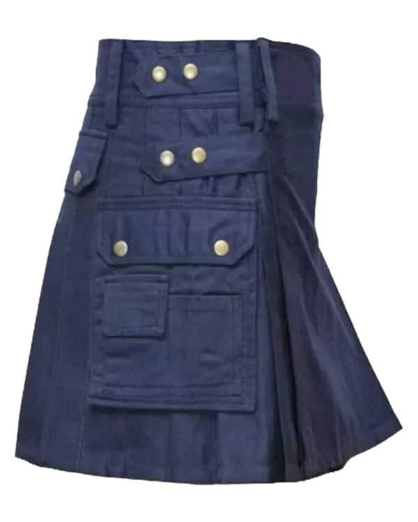 Dark blue utility kilt designed for women.