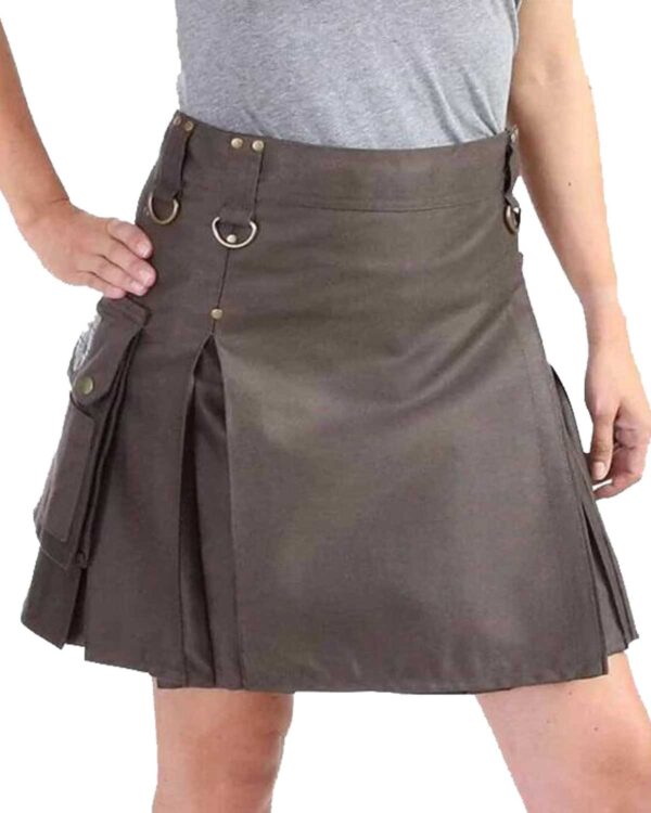 Elegantly designed brown utility kilt for women.