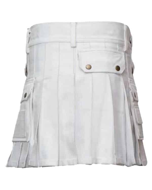 White cotton utility kilt for women with practical design.