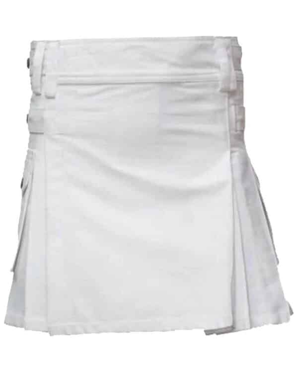 A white cotton utility kilt for women.