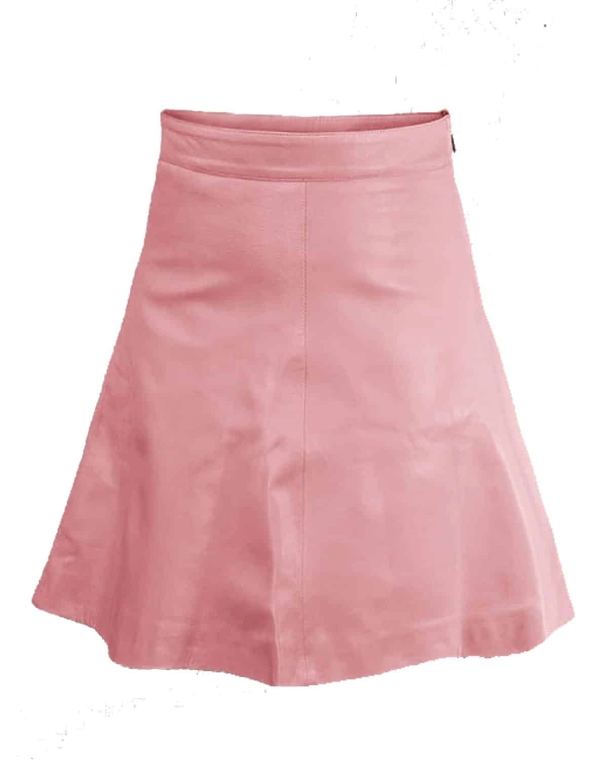 pink skirt A fashionable pink leather skirt displayed elegantly on a mannequin.