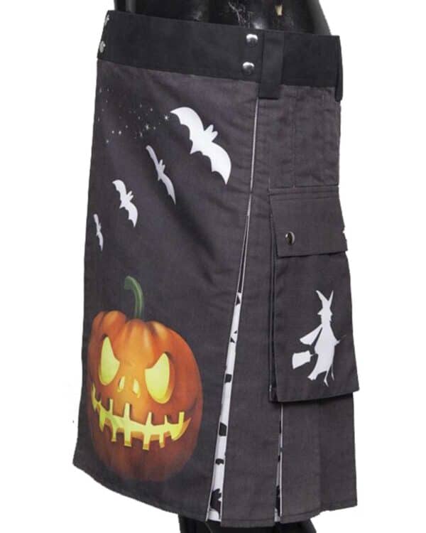 Side view of the Halloween Modern Utility Kilt with a vibrant pumpkin head design on the front apron.