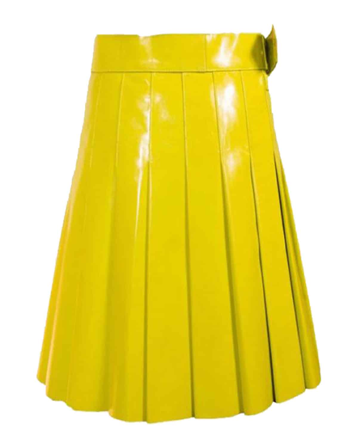 Yellow-Leather-Modern-Women-Kilt1 "Yellow Leather Women Kilt": A vibrant yellow leather kilt tailored for women, featuring a stylish and modern design.