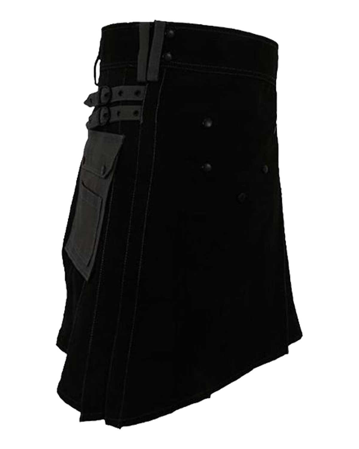 Black Deluxe Modern Kilt With Gray Straps A modern black kilt with gray straps, displayed from the front and back. The front view highlights the kilt’s structured pleats, while the back view emphasizes the stylish gray straps and durable fabric.