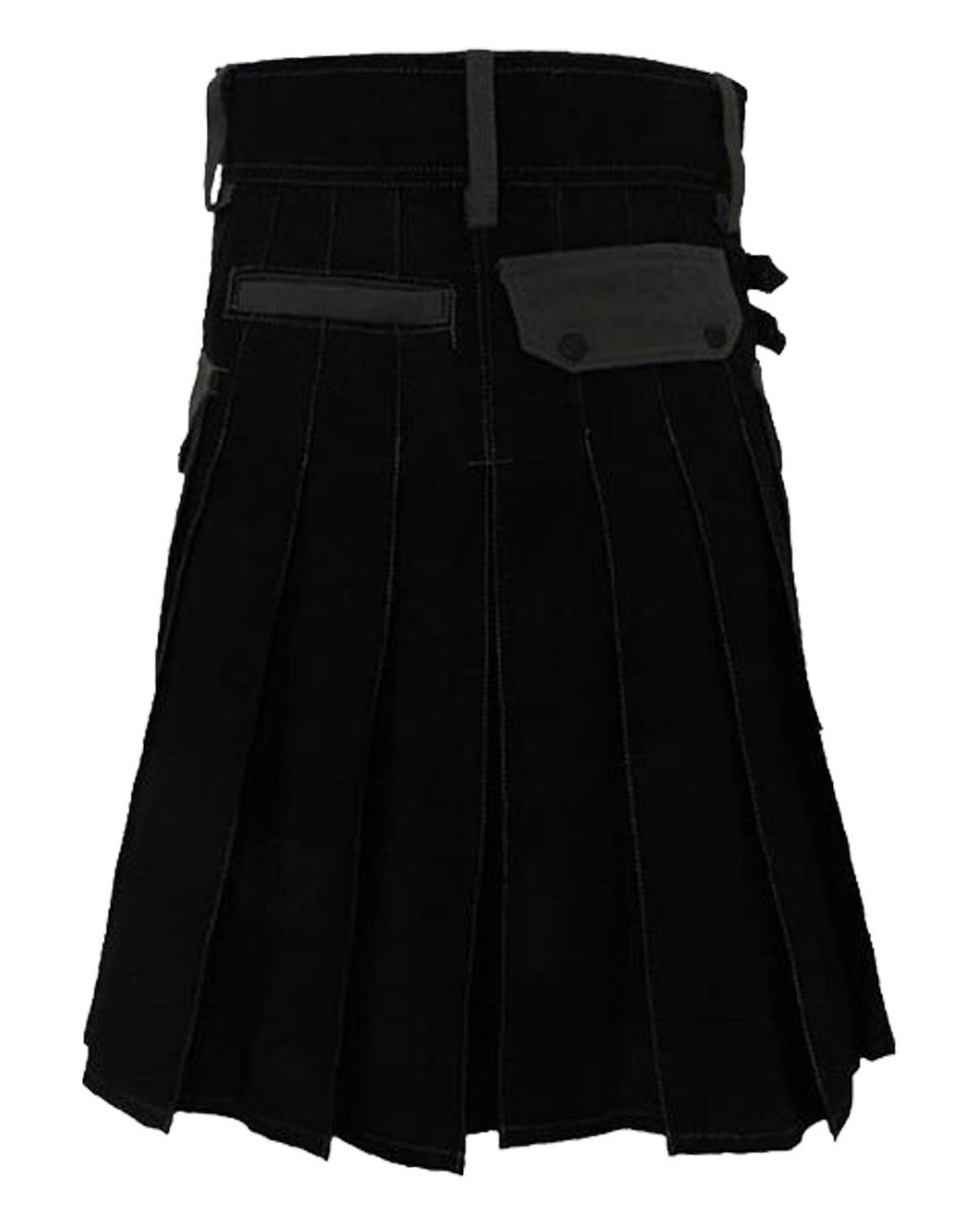 Black Deluxe Modern Kilt With Gray Straps Black Deluxe Modern Kilt" with gray straps shown in both front and back views. The front view highlights the sleek design, while the back view showcases the detailed strap placement and craftsmanship.