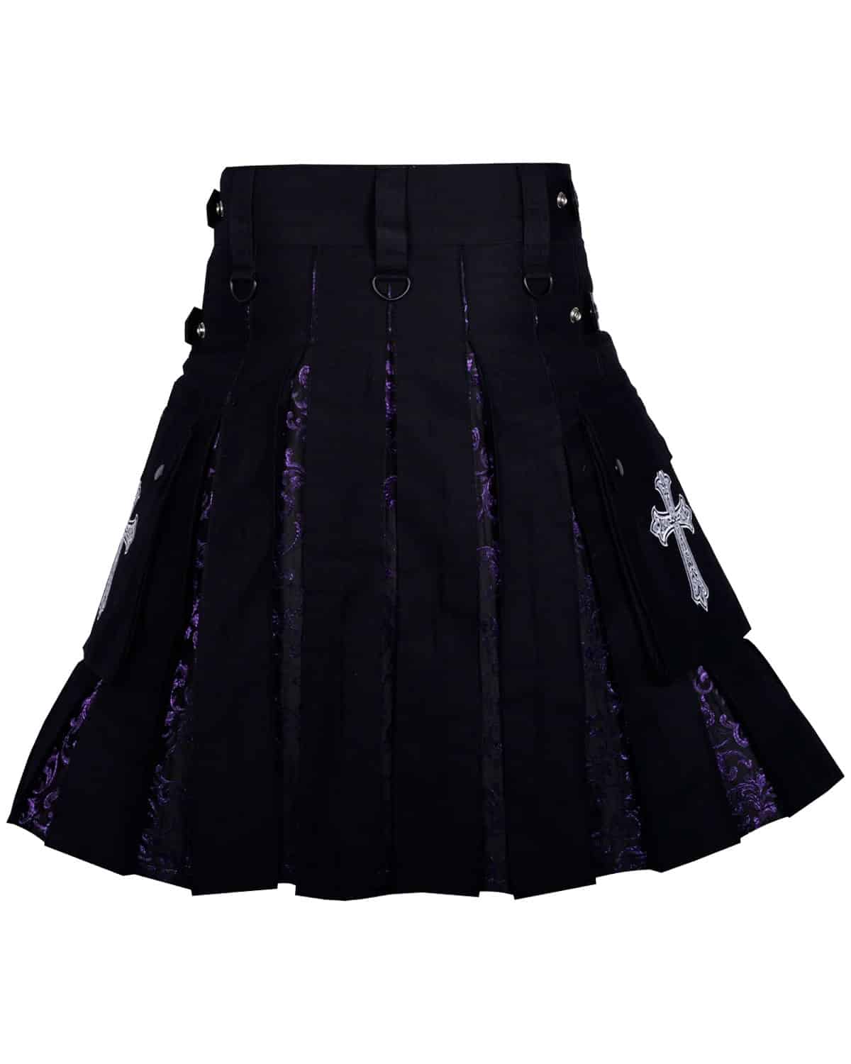 Celtic Sword Gothic Kilt Back view of the Gothic kilt with Celtic sword details, featuring layered pleats and sleek metallic studs, adding a robust, warrior-like appeal to this traditional-meets-modern garment.